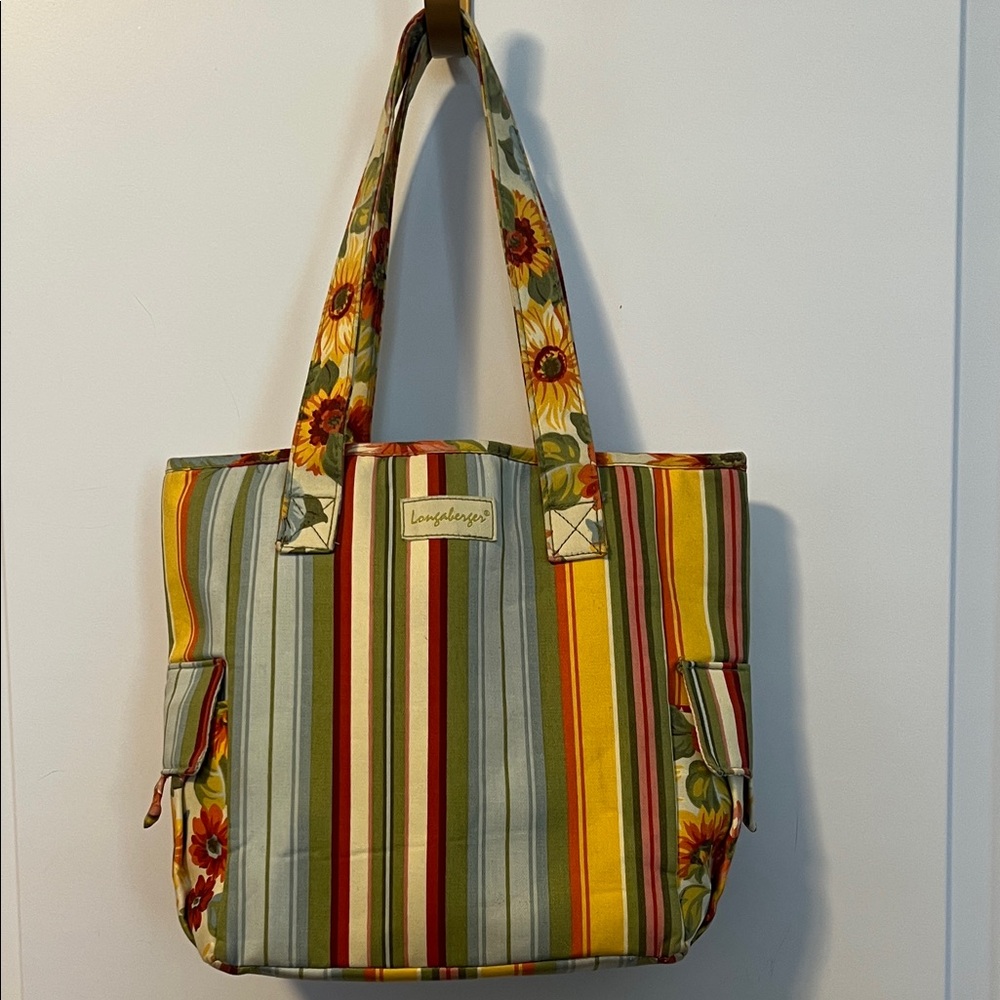 Longaberger Colorful Striped Tote with Floral Accents